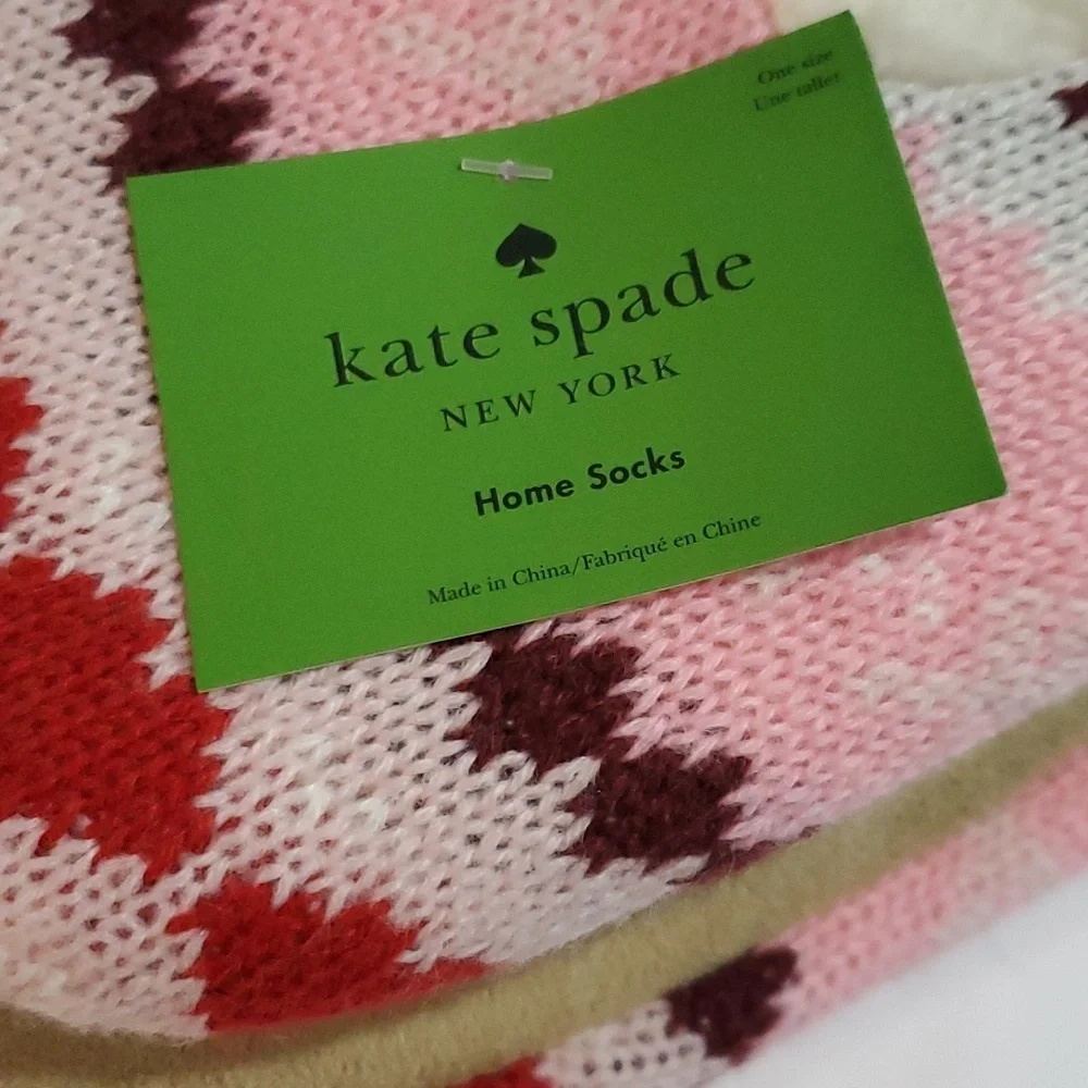 Kate Spade pink red argyle look shearling lined footlet house home socks‎ new OS